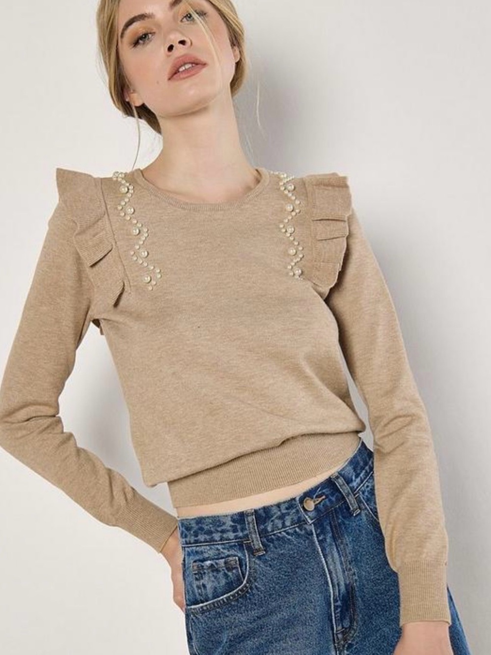 Apricot Sweater Ruffle Pearl Detail Sz 8 Tan